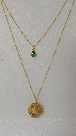 YEŞİL DAMLA TAŞLI İKİLİ TUGRA KOLYE 